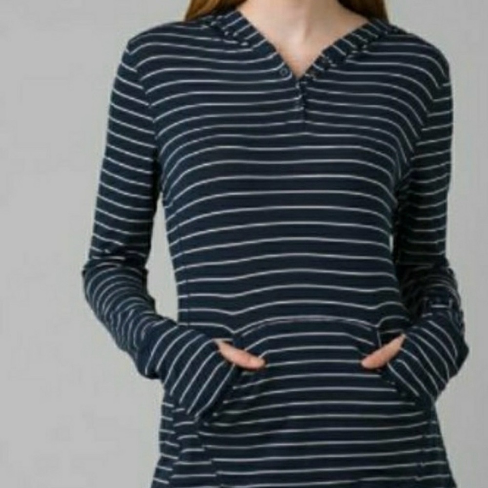 Prana Size Small S Sol Protect Hoodie Nautical Stripe Womens Navy White NWT